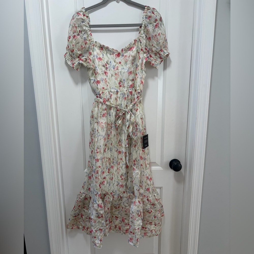 Lulus Galiena NWT size Small Ivory‎ Floral Tiered Puff Sleeve Midi Dress - Picture 3 of 14